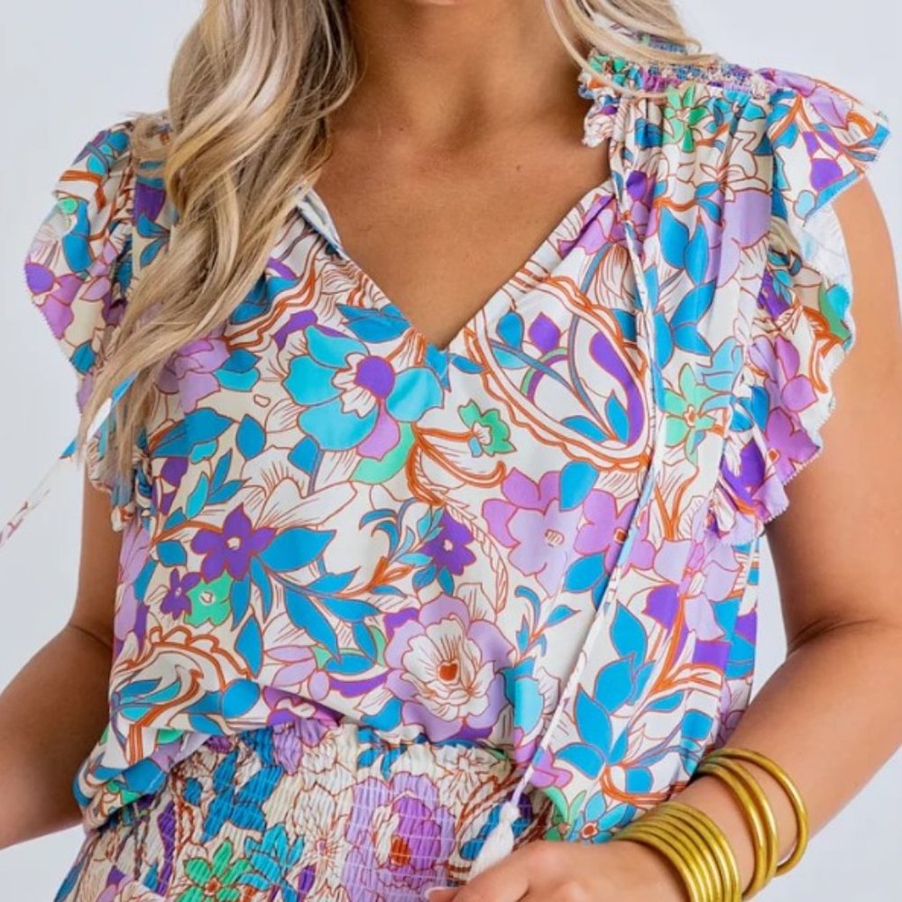 NWOT Karlie Floral Smock Shoulder Top
